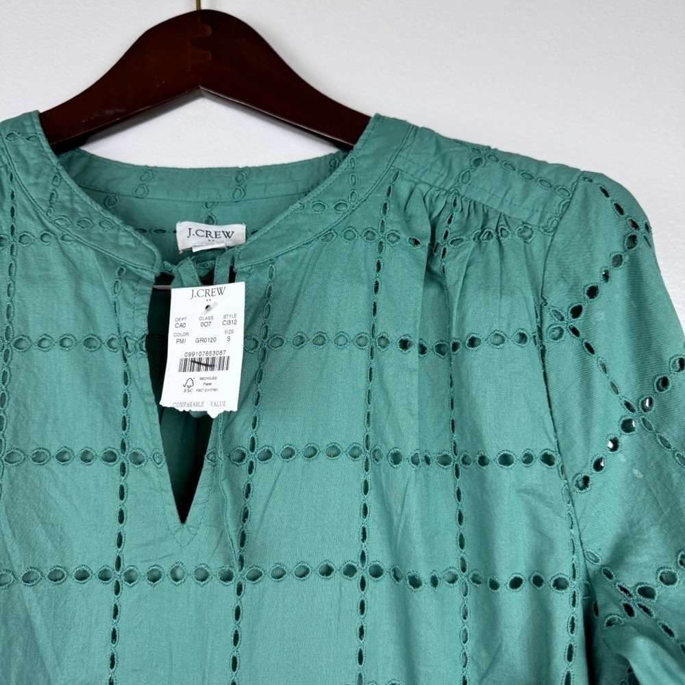 J. Crew Long Sleeve Lightweight Cotton Eyelet Tie Neck Top Size S NWT - Picture 4 of 7